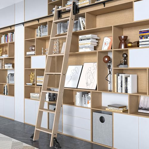 LKCBITION 87inch Heavy Duty Oak Wood Ladder with 4ft Telescoping Top Rollers & Bottom Brake Wheels Sliding Hardware, Rolling Library Ladder for Loft, Attic, Bookshelf