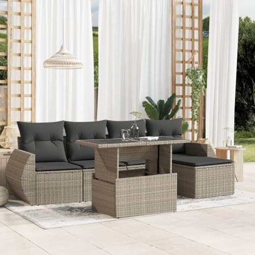 IKAYAA Rattan Gartenmöbel Set Gartenlounge Outdoor Balkon Lounge Gartensofa wetterfest Polyrattan Lounge Terassenmöbel außen mit Kissen-Hellgrau-6-tlg
