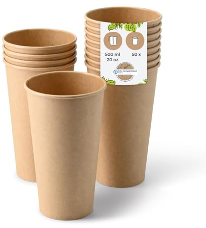 BIOZOYG Pappbecher 50 Stück 500 ml / 20 oz, Ø 90 mm, weiß - Becher für Heißgetränke - Kaffeebecher to go aus Pappe - Einwegbecher, Alternative zu Styroporbecher