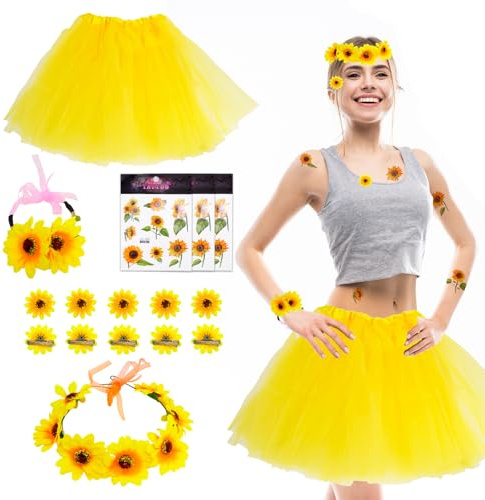 YHSKJCD Sonnenblumen Kostüm Damen, Sonnenblumen Kostüm Accessoires Set, Blumen Kostüms Damen für Karneval Halloween Fasching Mottoparty