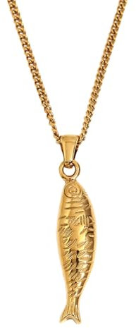 OAKKY Unisex Vintage Cool Non-Mainstream Lachs Fischgräten Totenkopf Angelhaken Skelett Anhänger Halskette Edelstahl Seitliche Kette Gold