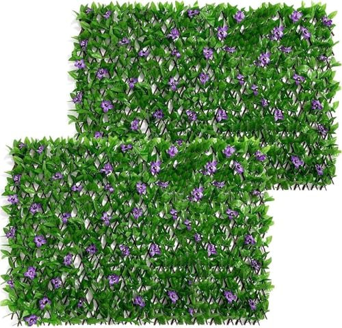 2 Pack Expanding Garden Trellis Panels,200x40cm Expandable Garden Fence Screening with Artificial Ivy and Violet Flower,Privacy Screen