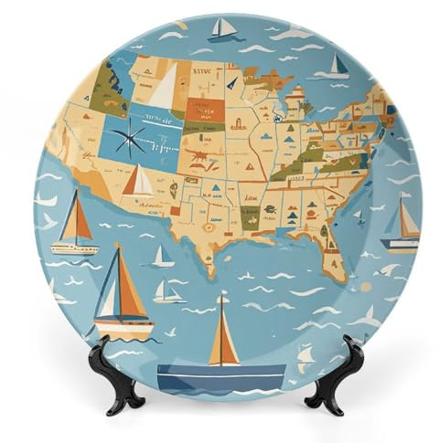 DWVSFJM Piatto decorativo in porcellana con stampa di barca a vela nautica con espositore piatto decorativo in ceramica piatto rotondo in porcellana piatto da pranzo artigianale artistico per