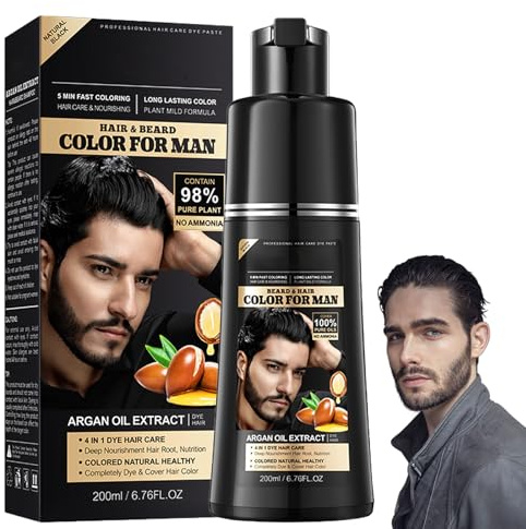 Shampoing Colorant Noir Homme 200ml,Teinture Cheveux Naturelle à l’Huile d’Argan,Sans Ammoniaque,Couvrance Totale des Cheveux Gris,Coloration Permanente Douce et Végétale