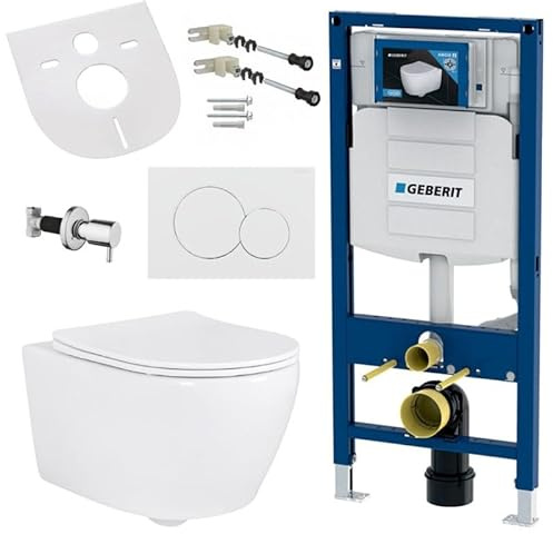 Belvit WC suspendu complet avec fonction bidet, WC mural blanc Taharet et élément de paroi UP320, isolation acoustique, valve d'arrêt, céramique sans rebord, siège de WC avec système d'abaissement