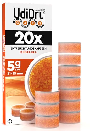20 Capsule Essiccanti per Apparecchi Acustici UdiDry Caps 5g 31mm con Indicatore di Colore - Capsule Anti Umidità con Gel di Silice di Alta Qualità per Asciugatura Dispositivi Acustici