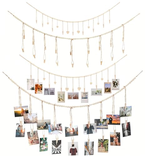 LDXDRU 4 piezas de cuerda para fotos con pinzas de madera, marco de fotos DIY decoración de pared, para colgar tarjetas postales, marcos de fotos, fotos, ideas para colgar fotos, cortina de fotos para