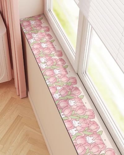 Fensterbank Innen Fensterbank-Abdeckung mit Rosa Tulpen, Kratzfeste Unterlage für Erkerfenster Rutschfester Rückseite, Dekorative Schutzauflage für Balkone und Topfpflanzen(110x25cm/43x10in)