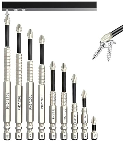 OMJMYY 9 Pezzi High Magnetic Screwdriver Drill Bit Set, Punte Avvitatore Magnetiche in Acciaio S2, Inserti Professionali per Cacciavite e Trapano, 25-150 mm Antiscivolo per Lavori di Precisione