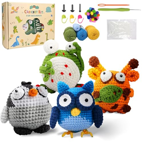 Welhammsae Häkelset für Anfänger, 4 Stück Tier Häckel Kit für Anfänger mit Garn, Häkelnadeln, Füllung, Schritt-für-Schritt-Videoanleitungen, Amigurumi Crochet Set für Erwachsene-Eule-Frosch