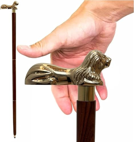 Sitting Lion Brass Head Handle - Decorative 37 inches Wooden Walking Sticks and Canes - for Men/Women/Seniors