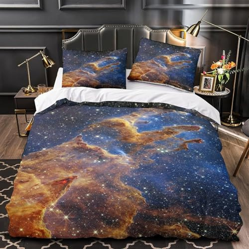 Adlernebel Bettwäsche 155x220 Kinder Bettwäsche-Set 3D Weltraum- und Sternenhimmel Weiche Mikrofaser Bettbezug Blau Bettbezüge mit Reißverschluss und 2 Kissenbezüge 80x80 cm h-2228