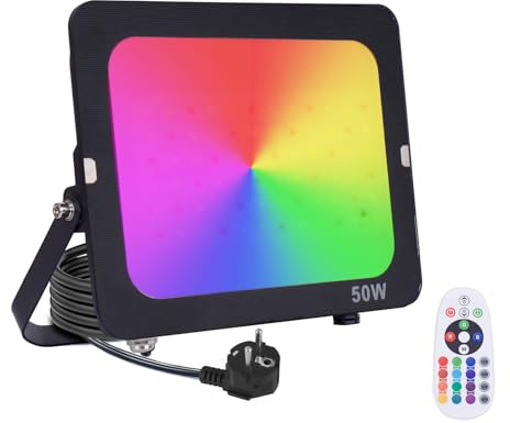 Fosingut RGB Focos Led Exterior,50W Foco Proyector LED Exterior Regulable con Control Remoto,Impermeable IP65 Lámpara RGB Foco Led Interior 16 Colores 4 Modos Para Fiesta,Jardin,Navidad,Paisaje Deco