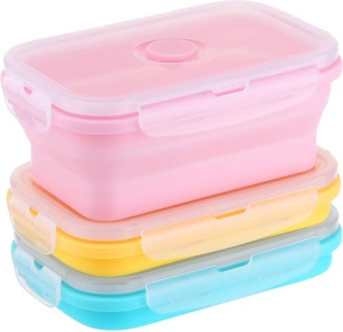 LOLANIUT 3 ciotole pieghevoli da 500 ml, contenitore per il pranzo pieghevole in silicone con coperchio, contenitore per alimenti, contenitori per alimenti con coperchio per ufficio, scuola, viaggi