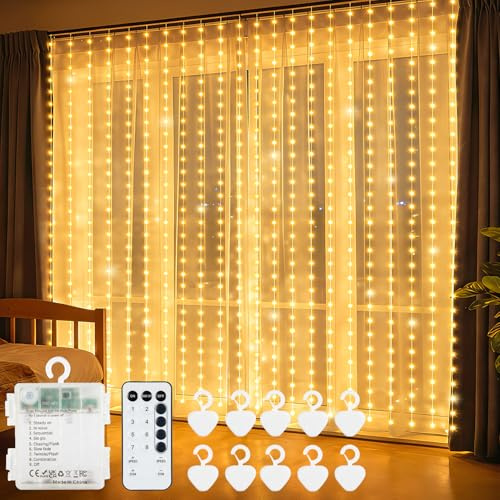 echosari 300 LED Curtain Lights Battery Powered, 3mx3m Warm White | Silver Fairy Lights with Remote Control & Timer for Wedding Party Bedroom Window Decor