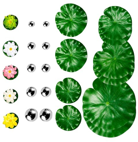 MIPIACE 25Pièces Décoration de Bassin avec 5 Nénuphars Artificiels Flottants 10 Boules Flottantes 10 Feuilles De Nénuphar Flottantes Fleurs Flottante pour Décoration De Paysage Jardin Piscine Terrasse