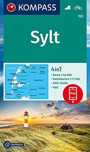 KOMPASS Wanderkarte 701 Sylt 1:40.000: 4in1 Wanderkarte mit Aktiv Guide und Ortsplänen inklusive Karte zur offline Verwendung in der KOMPASS-App. Fahrradfahren.