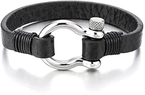COOLSTEELANDBEYOND Bracelet Vis Manilles d'ancrage - Homme Femme - Noir Cuir - Nautique Marin Envelopper Bracelet