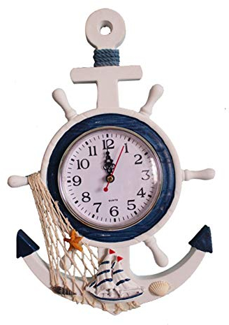 YOAI Wanduhr Kinder Badezimmer Uhr Holz Maritime Bad Deko mit Steuerrad Anker Fischnetz Shabby Wanddeko für Wohnzimmer Schlafzimmer Kinderzimmer (Type-1)