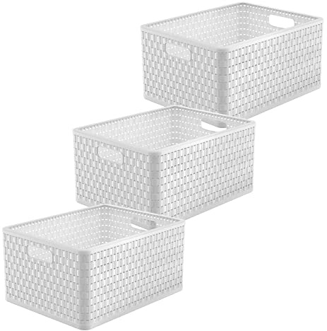 Rotho Country Aufbewahrungsbox 3er-Set 28 L stapelbar in Rattan-Optik Weiß | Aufbewahrungsboxen, Korb, Aufbewahrungskorb mit Griffen, Box, Boxen Aufbewahrung, stapelbar, Rattan-Optik, pflegeleicht