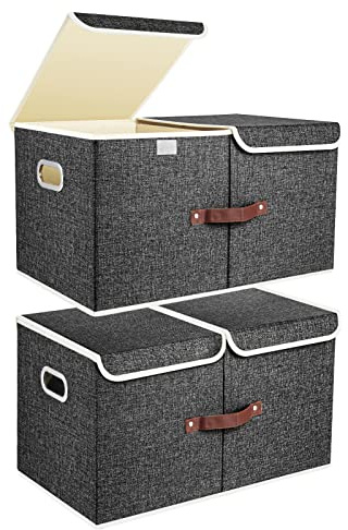 TYEERS Extra Große Aufbewahrungsbox mit Deckel und Fächern, Stoff, Faltbare, Waschbare, Kisten Aufbewahrung mit Deckel, 55x33x30 cm, 2-Stück, Schwarz