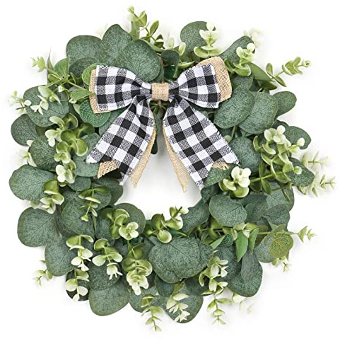 Dremisland 12 Artificial Eucalyptus Wreath with Plaid Bow | Spring Summer Green Leaf Wreath for Front Door Window Porch Farmhouse Decor Festival Celebration Home Decor (White&Black Plaid-Small)