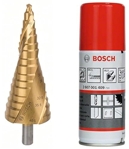 Bosch Accessories 2608587434 Fraise étagée queue 3 pans pour presse-étoupes Longueur 125,5 mm Exécution HSS-TIN + Bosch Accessories 2607001409 Huile de coupe universelle