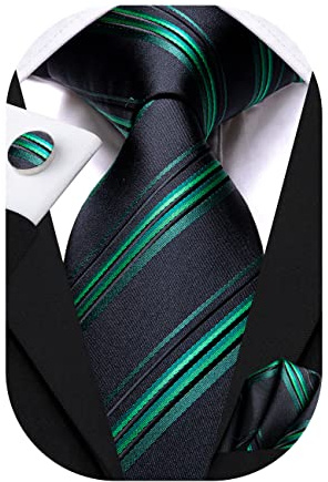 Hi-Tie Herren Seiden Krawatte Set Grün und Schwarz Streifen Krawatte mit Einstecktuch Manschettenknöpfe Für Hochzeit