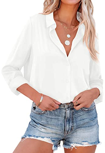 NONSAR Elegante blusa de satén y mangas largas para mujer, camisa con cuello en V, blusa de oficina de estilo casual, Weiß, M