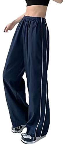 Shebote Womens Parachute Pants Wide Leg Baggy Y2K Elastic Waist Jogger Sweatpants Track Pants Streetwear(0046-DarkBlue-S)