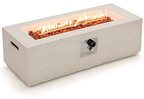 Tangkula 50,000 BTU Outdoor Fire Pit Table, 42 Rectangle Terrazzo Propane Gas Fire Table with Auto-Ignition, Stainless Steel Burner, Lava Rocks & Rain Cover for Patio Backyard Poolside