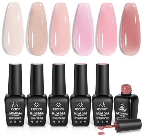 Beetles Jelly Gel Nagellack Set - 6 Farben ästhetisch Nackt Schimmernd Vergoldete Nägel Weiß Rosa Gel Nagellack Set Durchscheinend Soak off UV Nagelgel DIY Maniküre
