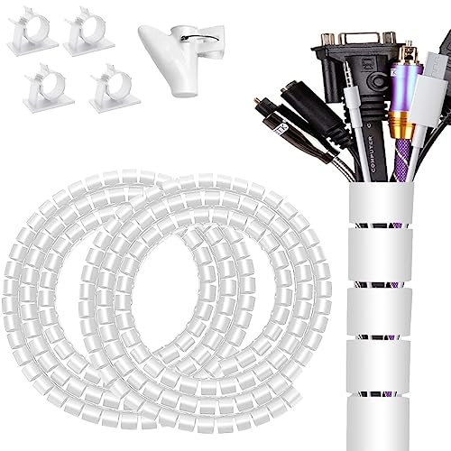 Fanoshon White Cable Management Sleeves Large Computer Wire Cord Organizer Under Desk 2 PCS, 1.1 inch -5 ft EZ Sprial Cable Tube Cover Wrap for TV Office, Pet Chew and Bite Proof Cable Protector