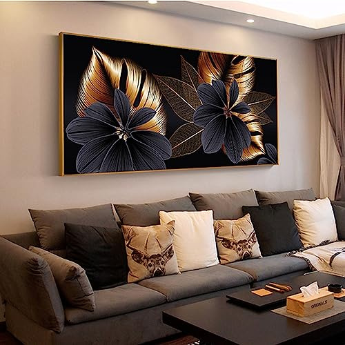 HEHGVCF Abstrakt Leinwand Bilder Schwarz und Gold 80x160cm - Botanical Art Poster Retro Kunst Gemälde Canvas Wandbild Rahmenlos (70x140cm)