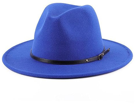 Upstore Klassischer Fedora-Hut für Damen, Wolle, mit Gürtelschnalle, Filz, breite Krempe, Panamahut, Weinrot, blau, 6 7/8-7 1/8