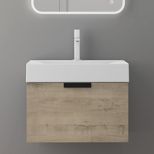 doporro Mobile Bagno Sospeso 60x35cm, Mobiletto per Bagno con Lavabo Bianco Seria Lonato, Rovere chiaro