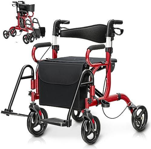 Byroce 2-in-1 Rollator Walker for Seniors, Folding Wheelchair with Seat, 8’’ Wheels, 6 Adjustable Height, Reversible Backrest & Footrests, Aluminum Medical Mobility Walking Aid Transport Chair (Red)
