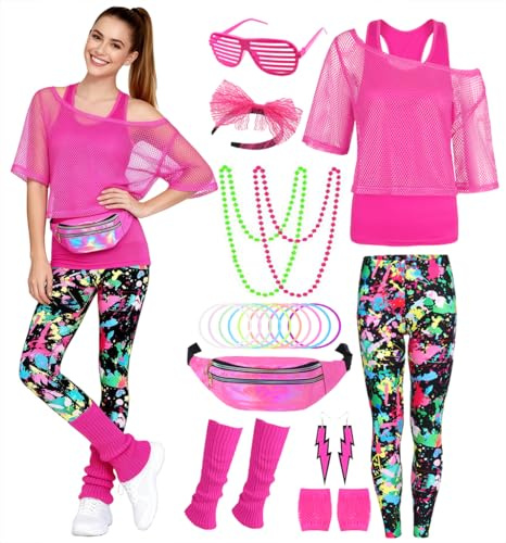 80er 90er Jahre Outfit Damen 20 Stück 80iger Retro Kostüm Off Shoulder Netzshirt Frauen mit Leggins Neon Kleidung Zubehör Set Bauchtasche Ohrring Netzhandschuhe Armband Halskette Bad Taste Outfit 19XL