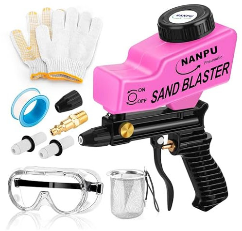NANPU Leichtes Luft-Sandstrahlpistolen-Set mit Schwerkraftzufuhr, Keramikdüse, Metallkörper, für kleine Projektoberflächenvorbereitung, Farb- und Rostentfernung, Metall-/Holz-/Glasätzung, benötigt