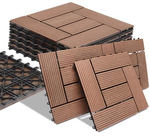 BAKAJI Set mit 11 WPC-Fliesen für Garten, Terrasse, Balkon, Boden mit Wasserablauf, Klickmontage, wetterfest, gezacktes Design (Terrakotta)