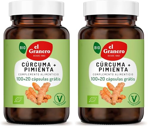 El Granero Integral - Complemento Alimenticio - Cúrcuma + Pimienta Bio - 120 Cápsulas - a Base de Polvo de Raíz de Cúrcuma y Pimienta Negra - Efecto Antioxidante - Ideal para Deportistas