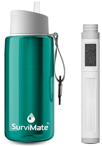 Survimate 0.01μm Ultra-Filtration Filtered Water Bottle, Portable Water Filter Bottle with 4-Stage Filtration for Survival, Camping, Hiking, Backpacking, Drinking, Emergency