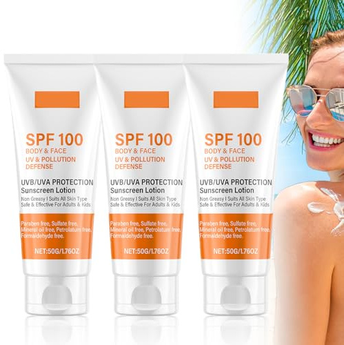 Protezione Solare 100 Spf, Crema Solare 100, lozione solare, lozione solare con protezione UVA/UVB, idratante, protezione solare anti-invecchiamento per l'impermeabilità (3 Pezzo)