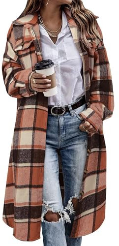 Jhsnjnr Giacca da donna in flanella a quadri oversize a maniche lunghe con risvolto bottoni camicia a quadri in cotone lunga giacca-camicia cappotto, Colore: arancione., S