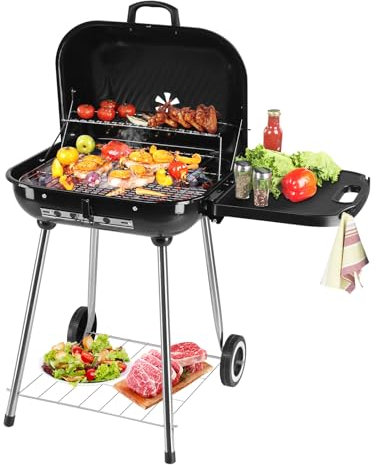 Parrilla de carbón portátil con Ruedas y Estante Lateral Plegable para cocinar al Aire Libre, Barbacoa, Camping, Barbacoa, Parrilla con Ruedas para Patio pequeño