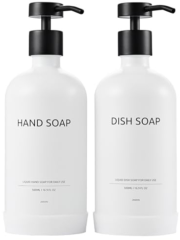 Janxin Uppsättning av 2 tvåldispenser i glas 500 ml, tvåldispenser svart glas, tvåldispenser vit och halkfri silikonskyddsunderlag (vit flaska + pormask)