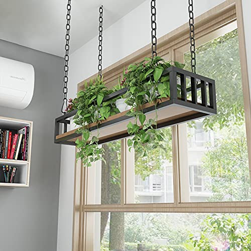 Hängende Pflanzenregale für die Decke, Blumentopfständer – Dekorationen, Ausstellungsregale mit Eisenkette und Holzboden, schwimmender Hängekorb – Küchenregal, Weinhalter