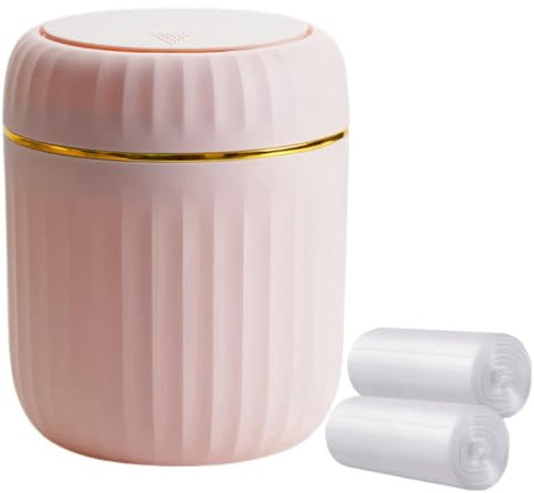 Poubelle de bureau avec couvercle à pression, mini poubelle de bureau, petite poubelle de table en plastique pour salle de bain, bureau, coiffeuse, cuisine, avec 60 feuilles de sacs poubelle (rose)