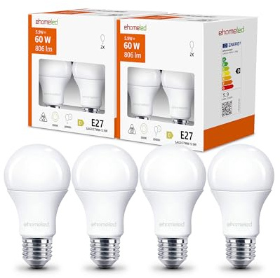 E27 LED Warmweiss, 5.9W ersetzt 60W Glühlampe, 3000K Warmweiß Glühbirne E27 | 806 Lumen E27 LED Lampe, Nicht Dimmbar Leuchtmittel, Energiesparende LED Birne für Wohnzimmer, Schlafzimmer & Büro, 4 Stück