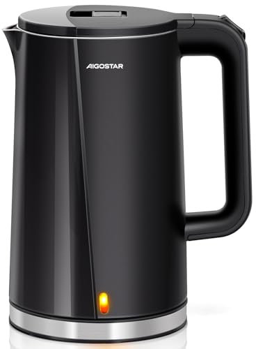 Aigostar Electric Kettle, Quiet Fast Boil Kettles Cordless, Double-Walled Anti-Scald Tea Kettle Black, Stainless Steel Interior, 2200W - Aubrey